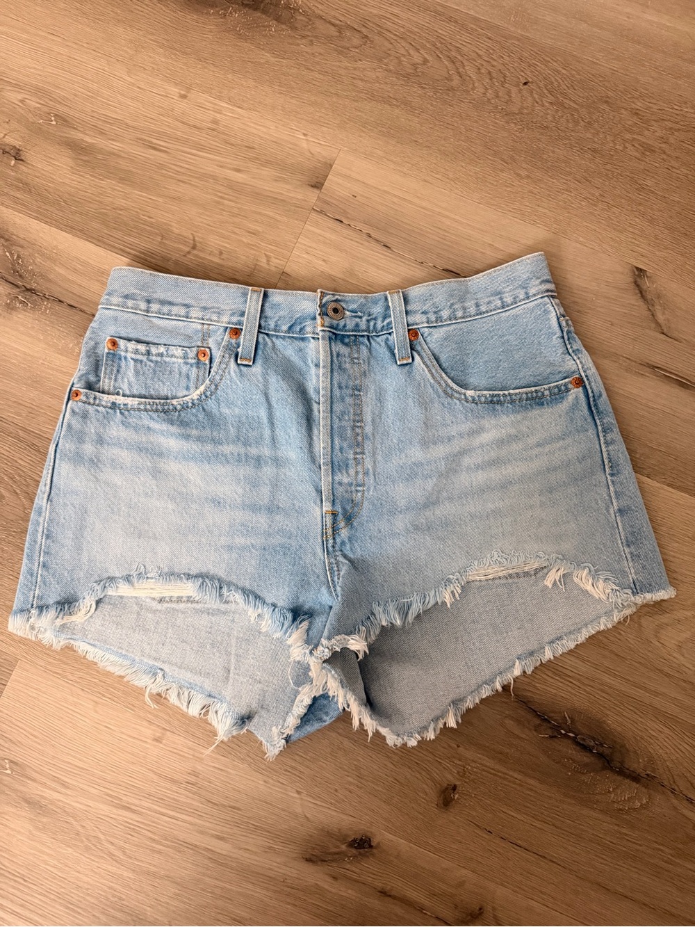 Levi's Light Blue Distressed High-Rise Jean Shorts